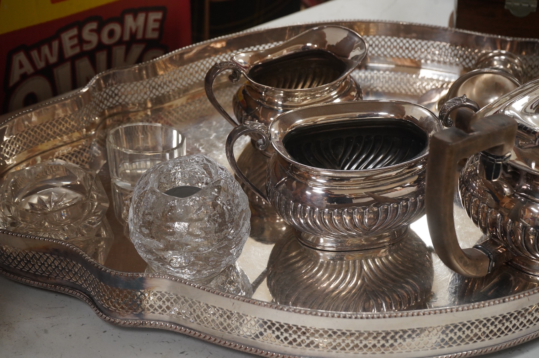 Webber & Hill, an oak cased canteen for six, a shaped galleried tea tray-60cm wide and tea service etc